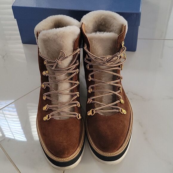 Napoleoni Leather Fur Ankle Congac Shearling Lined Boots 9 - Picture 2 of 9